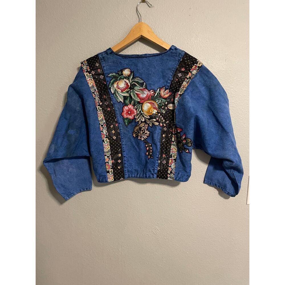 Vintage Opal Women Jacket Small Denim Acid Wash Floral Open Crop Western FLAW